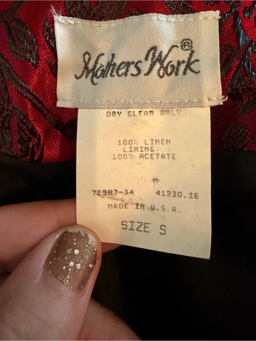 Vintage Mothers Work Red Black Brocade Linen Vest USA Small